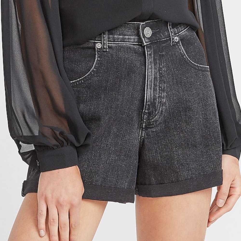 Super High Waisted Black Rolled Mom Jean Shorts